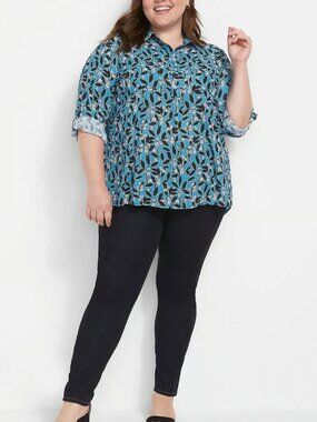 Lane Bryant Top Blouse Womens 22/24 Blue Floral No Peek Collection Career Casual